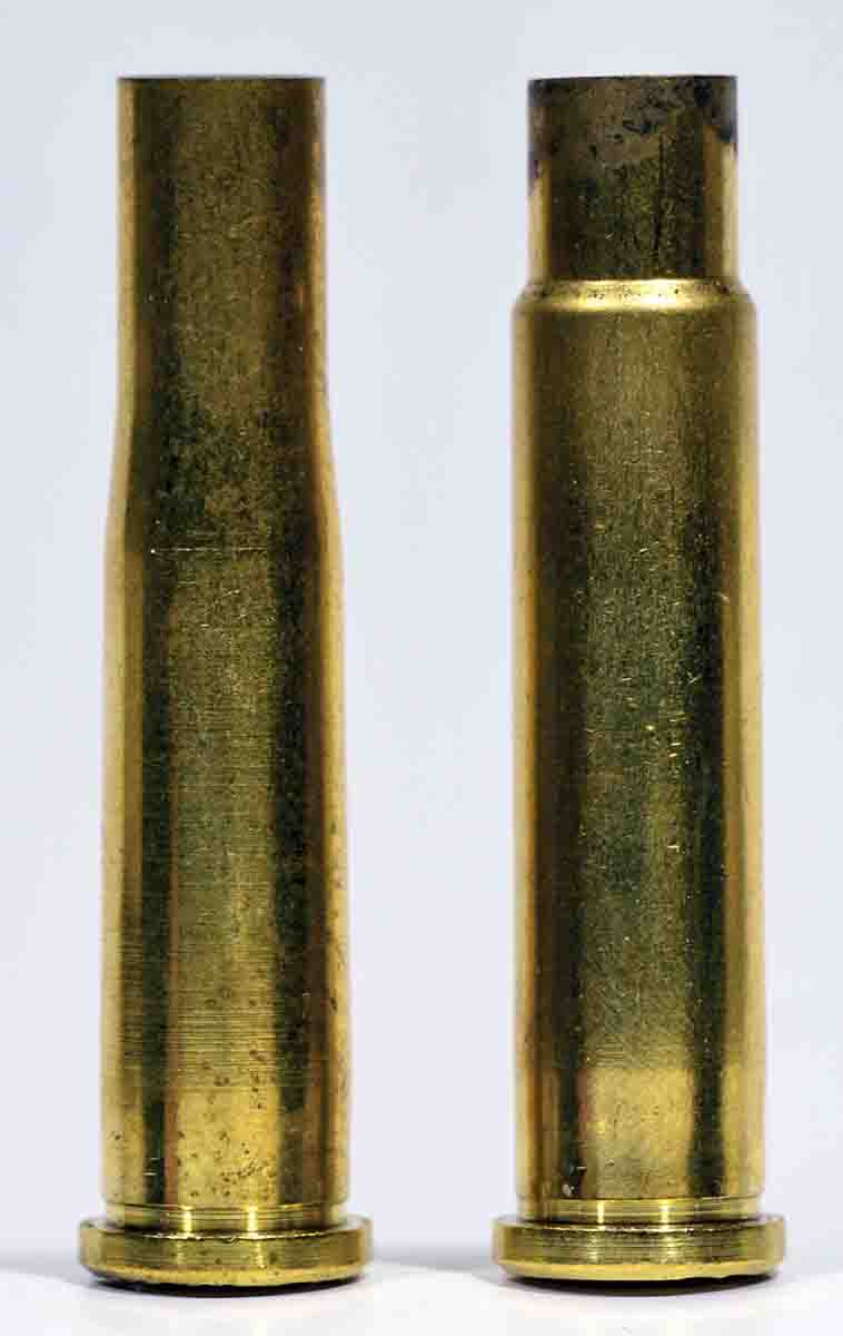 Blowing out the .22 Hornet case (left) to K-Hornet increases powder capacity by a couple of grains. It was first done by experimenter Lysle Kilbourn.